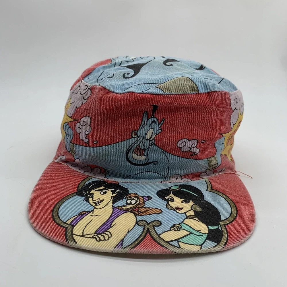 Vintage Disney Aladdin Genie Jasmine Hat Army Cap Boys One Size Red Denim 90s